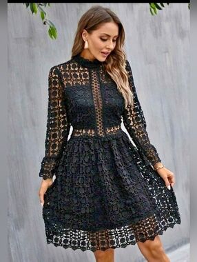 Black Crochet Lace Long-Sleeve Fit & Flare Dress Large Fits Like Medium